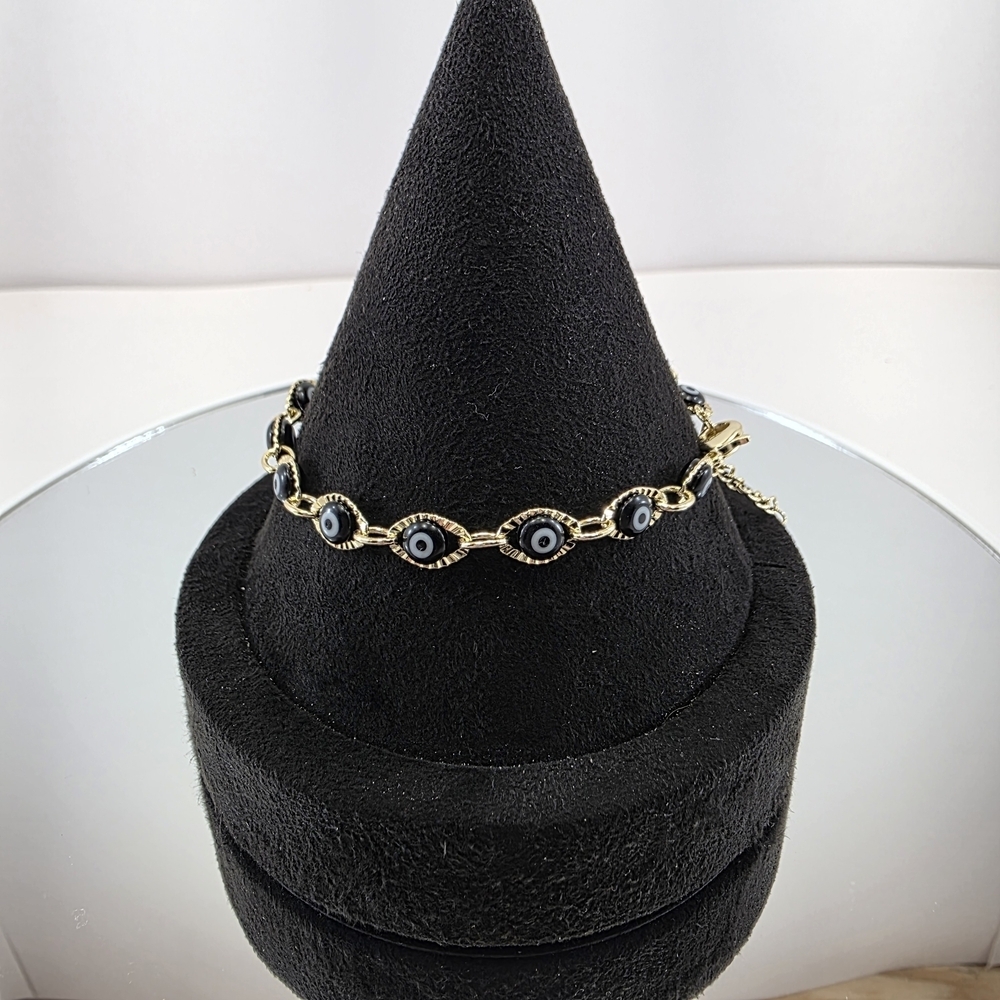 Gold Evil Eye Bracelet • 7.25” + 1” Extender • Hypoallergenic • Stackable Charm